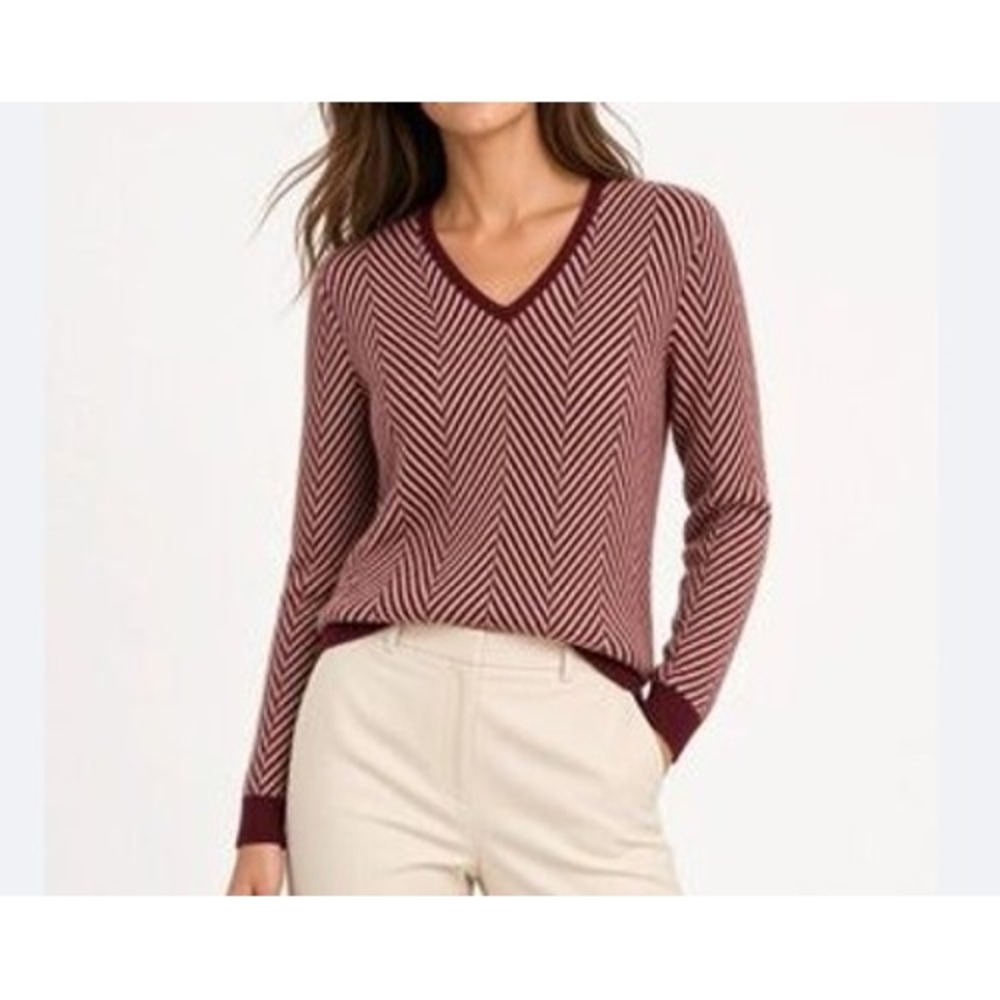 Lands' End Womens 100% Cashmere V-Neck Sweater Burgundy Chevron M